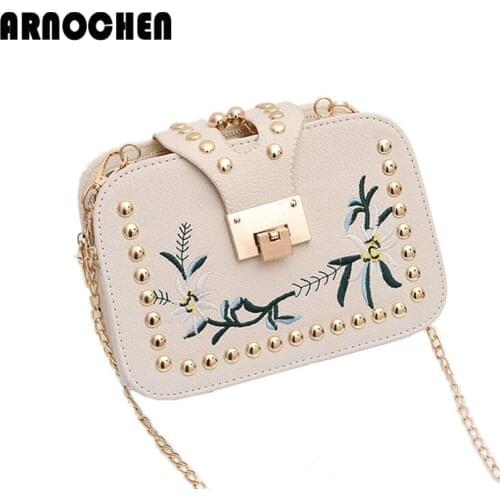 ARNOCHEN Fashion Messenger Bag PU Leather Bags Women 2020 Embroidery Ladies Handbag Small Rivet Shoulder Bag Female bolsas YQ362