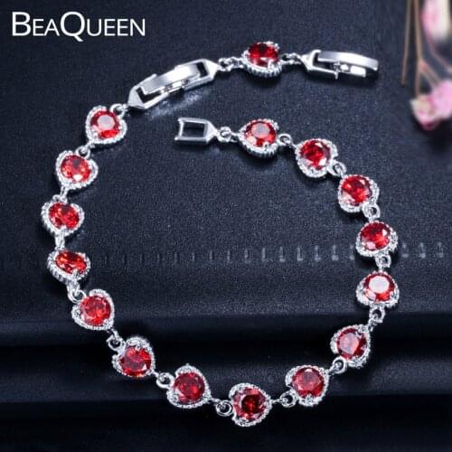 BeaQueen Fashion Silver Color Round CZ Crystal Women Jewelry Cubic Zircon Lovely Heart Shape Dark Red Tennis Bracelets B201