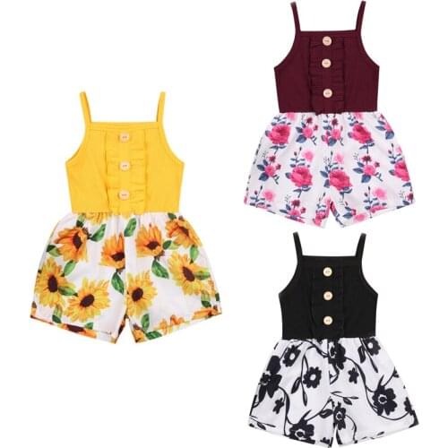 2-6Years Kids' Flower Bodysuit, Sleeveless Printed Buttoned Bodysuit Short Pants for Summer Kids' Clothes