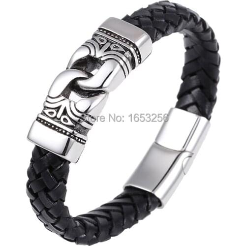 8.26'' 12mm 100% Stainless steel Genuine leather Jewelry Mens Link Chain Bracelet Vintage Punk Gifts