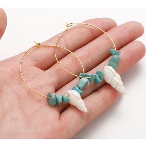 CHENGXUN White Conch Blue Rock Hoop Earring for Women Cool Girls Ocean Charm Earrings Beach Vacation Jewelry for friend