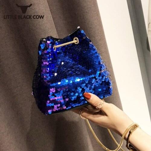 Brand Design Fashion Shoulder Bags Personality Bling Sequin Party Bucket Bag Female Chic Metal Chain Sling Crossbody Bag