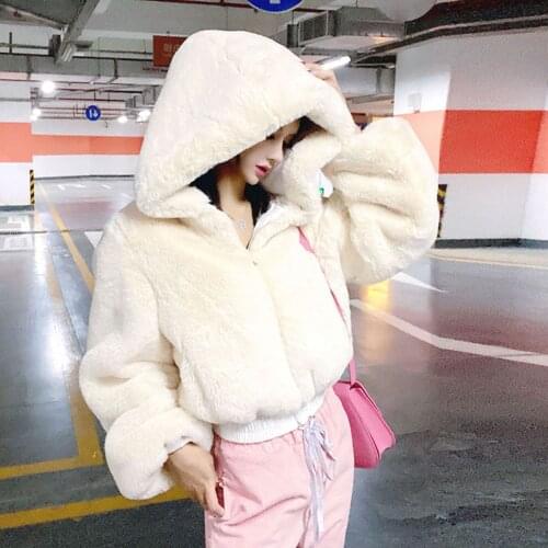 Short style of street wind of new European and American big name is tall waist simple sense hair hair hooded coat female jacket