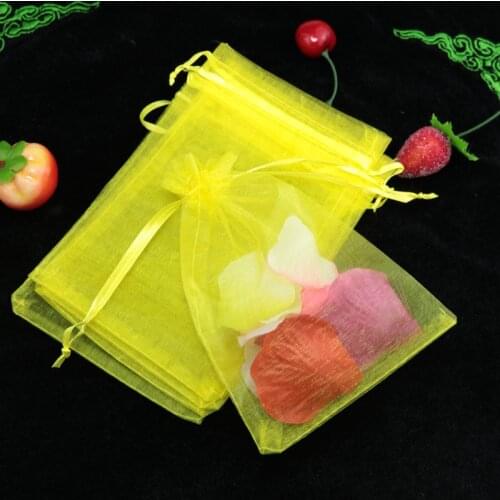 100pcs/lot 5x7cm Yellow Color Jewelry Bags Packing Small Drawable Organza Bags Wedding Gift Bags Sachet Organza
