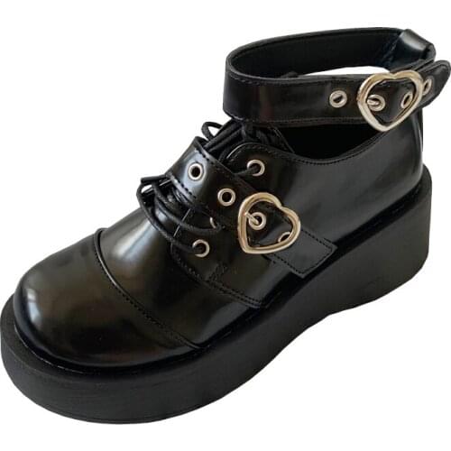Lovely Gothic Lolita Flat Platform Shoes Student Girl Wedge Heels Shoes Women Heart Monk Straps Ankle-strap Flatform Shoes