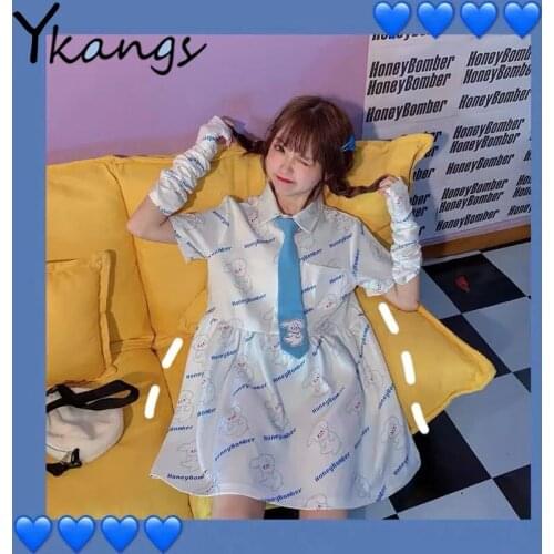 Vestidos Harajuku Kawaii Sweet Printing Loose Mini Dress Summer Fashion White Prppy Style Short Sleeve Necktie Women Streetwear