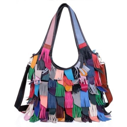 New handbag 2021 ladies bag European and American color first layer cowhide tassel bag shoulder messenger bag stitching bag