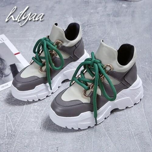 Spring Autumn New Woman Platform Sneakers PU Metal Buckle Lace-up Vulcanized Shoes Female Trainers Dad Shoes tenis feminino