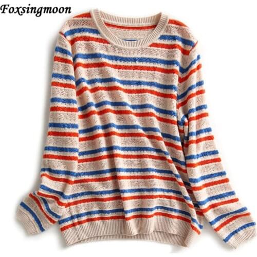 New Women Sweater Fashion Round Neck Color Matching Striped Hollow Out Crochet Knitted Long Sleeve Thin Section Female Sweater