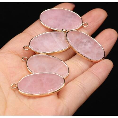 Natural Stone Crystal Pendants Oval Gold-plated Rose Quartzs for Charm Necklace Earring Girls Jewelry Making Supplies 20x35mm