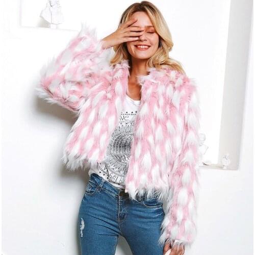 Pink White Mixed Color Faux Fur Jacket Autumn Winter Trendy Party Fluffy Outerwear Women Warm Casual Hooded Short Streetwear