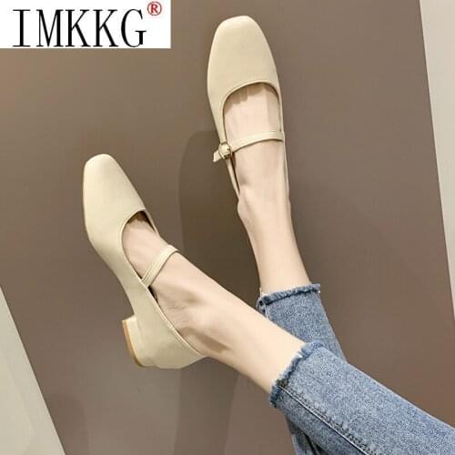 Women Leather Pumps Shoes Low Square Heel Retro Square Toe Mary Janes Casual Lady Shoes Female Weekly Pumps