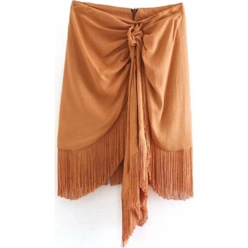 2020 New Womens Fashion Pleated Trim Fringed Tassels High Waist Mini Skirt