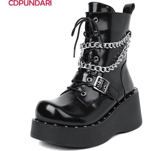 Women Black Wedges Ankle Boots Autumn Winter Rivet Chain Chunky Platforms Boots Punk Gothic Shoes Ladies Bottes Plateforme Femme