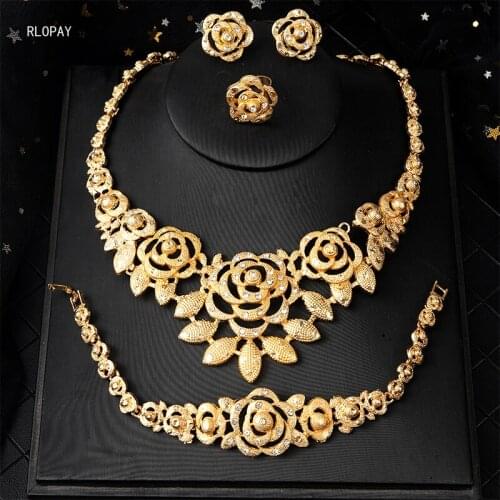 Trendy Flower Design African Women Necklace Luxury Gold Plating Zirconia Jewelry Set Middle East Morrocan Jewelry Sets In Gold