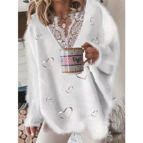 Womens Knitted Sweaters Winter Solid Pearl Mesh Patchwork Hollow V-neck Jumper Top Long Sleeve Loose Sweater Plus Size