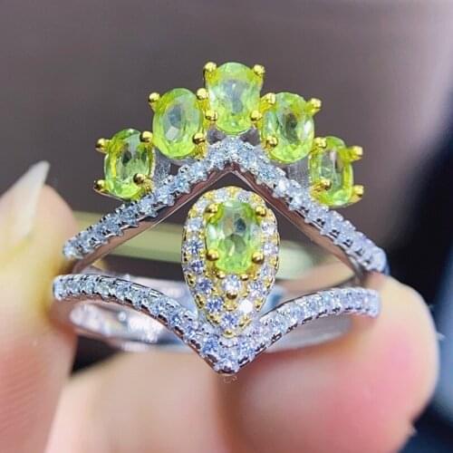 Natural real peridot crown luxury ring Per jewelry 925 sterling silver 3*4mm 0.3ct*6pcs gemstone Fine jewelry Women rings J21687