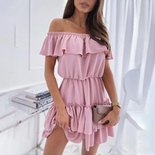 Women Summer Solid Sexy Off-Shoulder Ruffle Mini Dress Elegant Slash Neck Elastic Waist Fashion Short Ladies Dresses Robe Femme