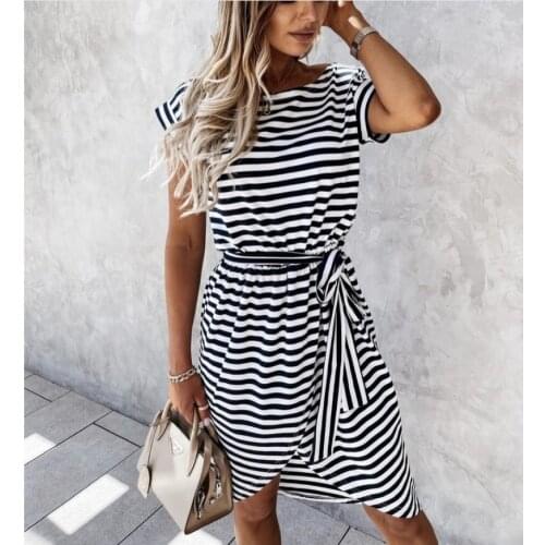 Summer Womens Dress Striped Print Short Sleeve Round Neck Lace Casual Dress