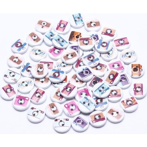 100pcs 15mm Camera Patterns Painted Wooden Round Buttons Sewing 2 Holes Accessories For Scrapbooking Cardmaking