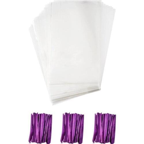 100pcs/set 25x15cm Rectangle OPP Cellophane Bags with Plastic & Iron Core Wire Twist Ties, Mixed Color F60
