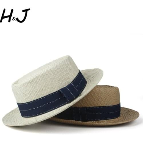 100% Straw Women Men Sun Hat Summer Pork Pie Hat Sunbonnet Hat Lady Flat Boater Beach Panama Sunhat Beach Hat Size 57-60CM