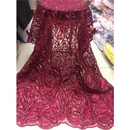 African Lace With Sequins Embroidery Textile Lace Fabric High Quality beaded French Lace Fabrics For Wedding Party Wine red pink