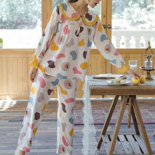 Satin Silk Pajamas 2PCS Pajama Long Sleeve Printed Pijama Mujer Femme Loose Nightwear Suit Casual Homewear Pajama Set For Women