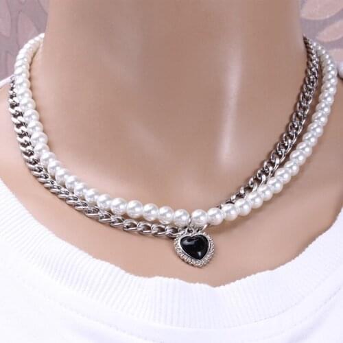 Trendy Stainless Steel Black Love Necklace Pendant Pearl Retro Double Layer Personality Neck Chain Chokers Necklaces Jewelry