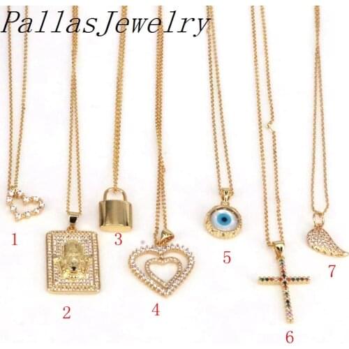 Wholesale 10Pcs Gold CZ Pave Cross Heart Pendant Chain On The Neck Jewelry For Women Crystal Heart Padlock Collares