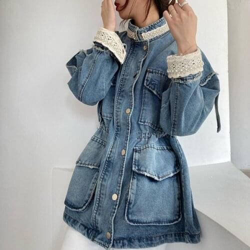 Spring Autumn Women Beaded Lace Stand collar Denim Jacket Harajuku Loose Frayed Big pocket Drawstring waist Jeans Coats Female