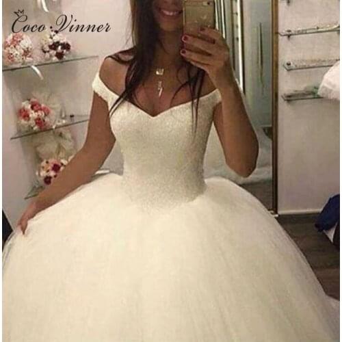 Cap Sleeve Elegant Simple Style Princess Wedding Dress Tulle Ball Gown Crystal Beaded vestido de noiva robe de mariee W0392