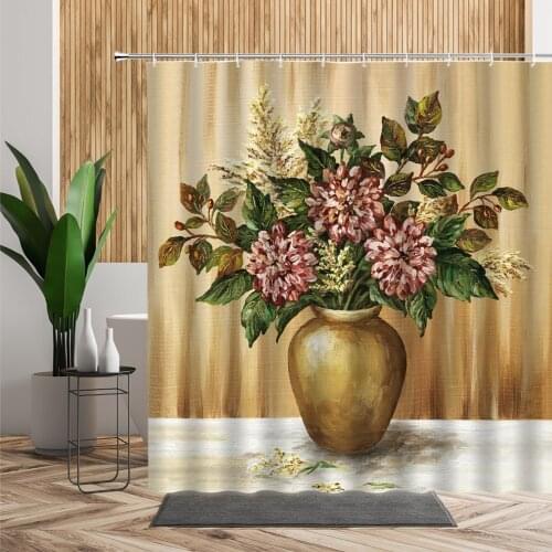 European Retro Oil Painting Flower Shower Curtain Vase Tulip Nostalgic Poster Theme Waterproof Bath Curtains Set Wall Decoration