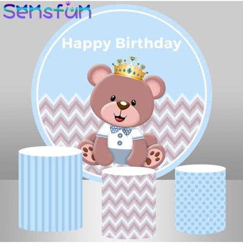 Photography Backdrops Baby Shower Blue theme Brown Bear Background for Boys Birthday Party Table Banner Circle Round Backdrop