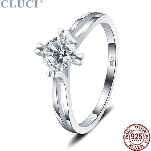 CLUCI Authentic 925 Sterling Silver Classic Four Claws Zircon Wedding Ring for Women Gift Jewelry DR1022SB