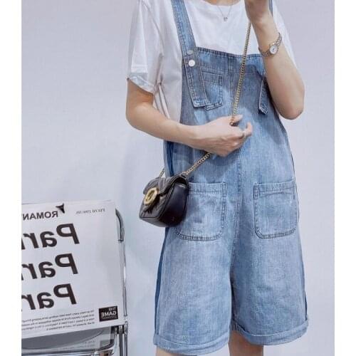 Summer Women Knee Length Bib Jeans Straps Overalls Casual Streetwear Boyfriend Style Pockets Side Striped Loose Fit Denim Shorts