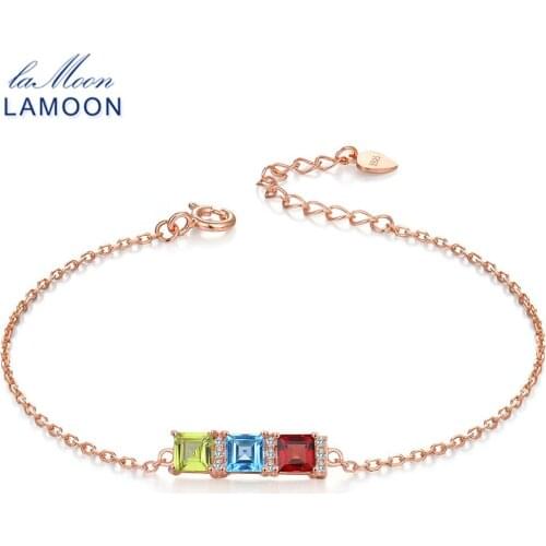 LAMOON 4mm Natural Green Peridot Bule Topaz Red Garnet 925 Sterling Silver Jewelry S925 Charm Bracelet LMHI020