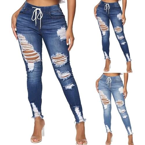 Fashion Rippde Jeans Women High Waist Pocket Denim Pants Hole Casual Party Skinny Ripped Denim Pants
