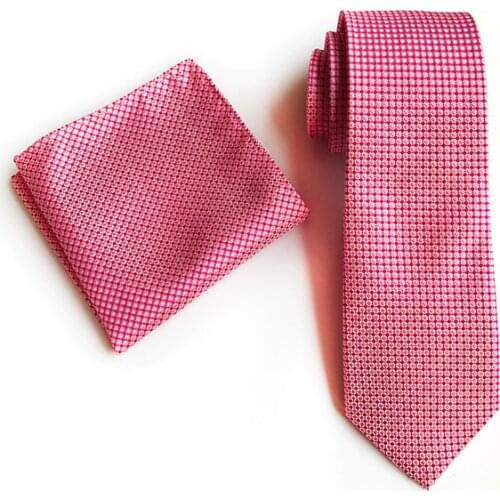 Mens Fashion Neck Ties Set Red Dotted Plaid Cravat with Pocket Square