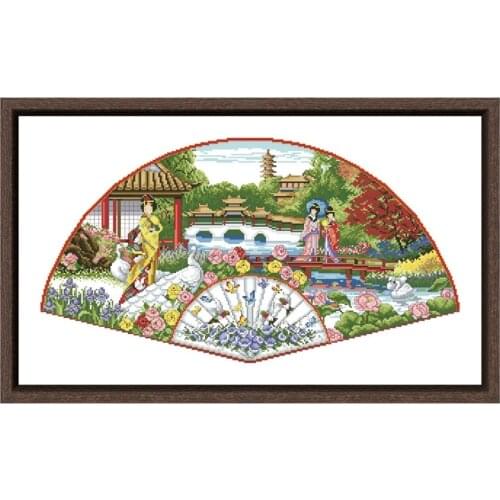 DreampatternBamboo fan cross embroidery kit lake pattern 18ct 14ct 11ct unprint canvas Cross-stitch DIY needlework
