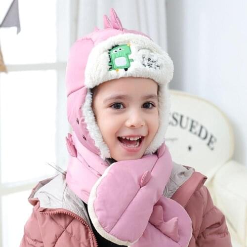 New 1-5 Year Old Childrens Autumn Winter Dinosaur Bomber Cap Plush Warm Neck Scarf Boy And Girl Hat