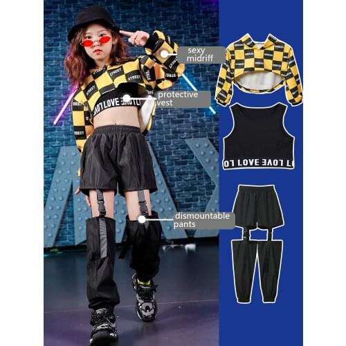 Children Originality Suit Midriff Top Black Vest Dismountable Fashion Pants Three Pieces Set Dancewear