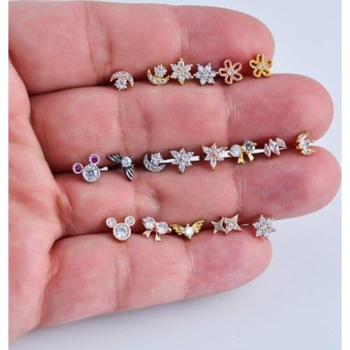 1pcs Zircon Star Moon Stainless Steel Flower Small Stud Piercing Earrings For Women Creative Ear Bone Tiny Puncture Jewelry 2021