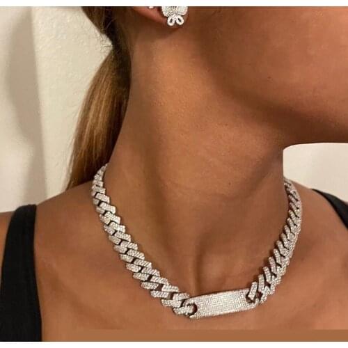 Blue Red White cz bar 12mm iced out bling Miami cuban link chain choker iced out bling hip hop cz cuban women necklace