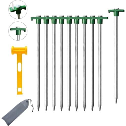 Tent Stakes Camping Tent Stakes, 10pc-Pack (Green) with Bag&Hammer