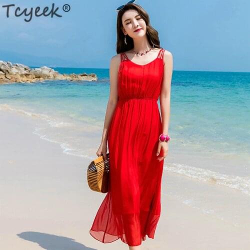Tcyeek Dresses Woman Party Night Summer Dress Silk Beach Long Dress Red Dresses Elegant Casual Clothes Vestidos Verano LWL1533