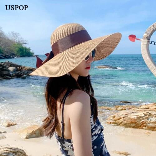 USPOP Women Summer Straw Sun hats Ribbon Bow Wide Brim Beach Hat Sunshade