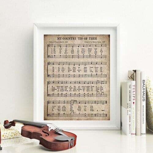 Vintage Sheet Music Prints My Country 'Tis of Thee Antique Hymn Poster God Bless America Wall Art Canvas Painting Home Decor