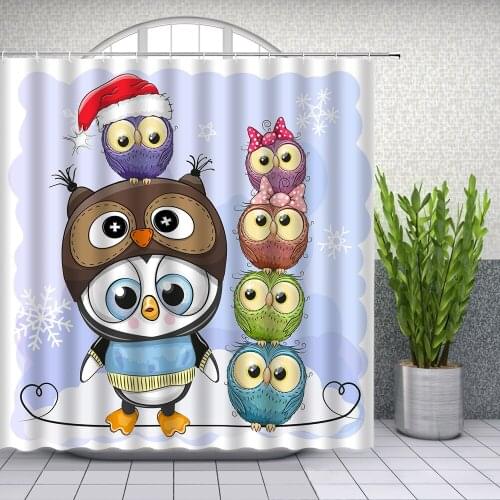 Cartoon Shower Curtains Red christmas hat lovely owl Bow snowflake Childrens room Bathroom Decor Waterproof Cloth Curtain Set