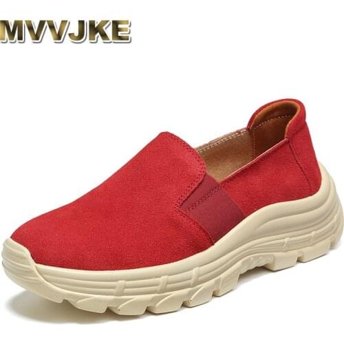 MVVJKE Genuine Leather Women Platform Shoes Flat Casual Lazy Shoes Slip On Comfort Fabric Shoes Plus Size 35-43 Suede Ladies